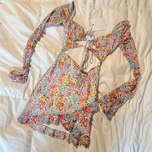 Floral Cutout Tie-Front Mini Dress in Pink Multi